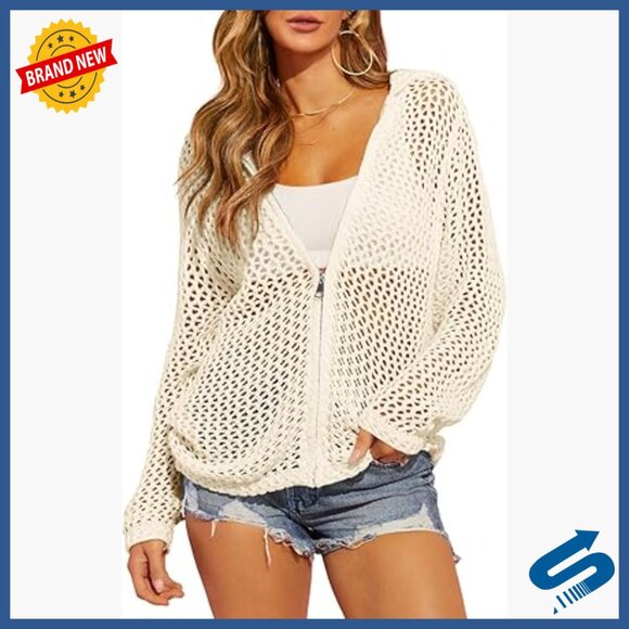 Sweaters - Crochet Zip Up Hooded Cardigan Long Sleeve Mesh Beach Cover Up